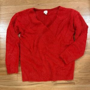 A New Day Vibrant Red Fuzzy V-Neck Sweater
